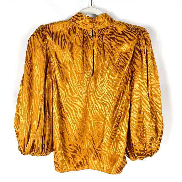 Alice + Olivia‎ Annabelle Top Autumn Gold Mock Satin Neck 3/4 Puff Sleeve Sz S - Picture 7 of 9